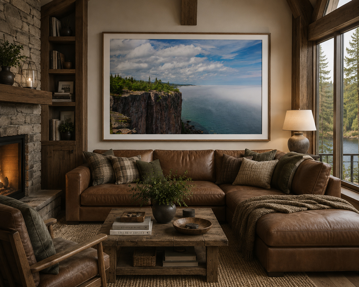 Large framed cliff and water landscape artwork above a leather sofa in a lodge living room by Dan Sproul